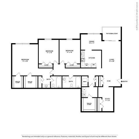 Floor plan for 3 beds, 2 baths, 1818 sqft